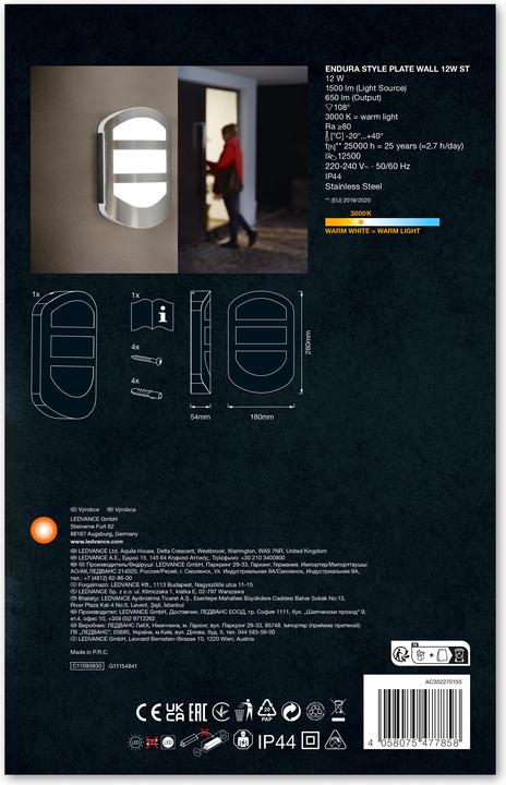 Productafbeelding Ledvance LED buitenwandlamp ENDURA STYLE PLATE WALL 12W ST (600 lm, IP44)