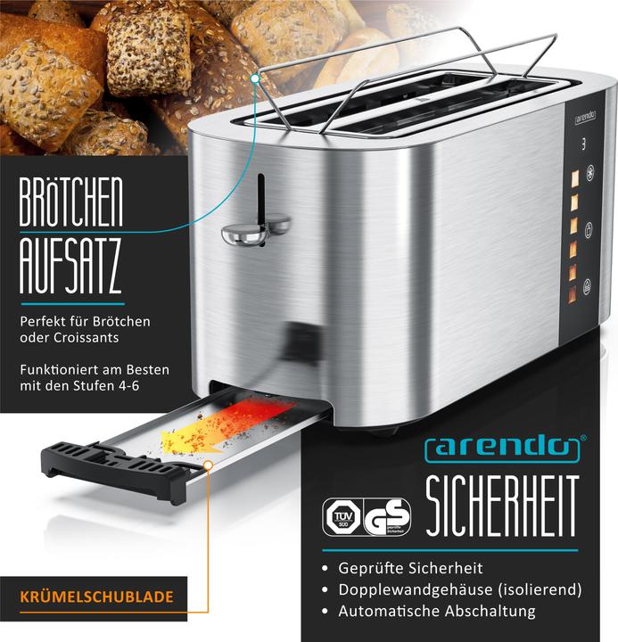 Image du produit Arendo Toaster Edelstahl 4 Scheiben Langschlitz, Touch Display, Restzeit & Bräunungsgradanzeige, 1500 W (Prise UE)