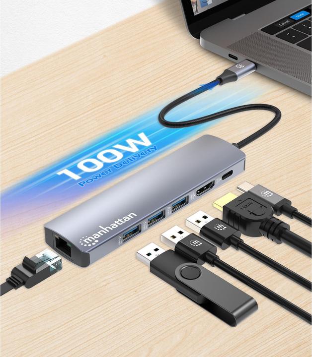 Actual product image Manhattan 6-in-1 4K USB-C docking station 1xHDMI 3xUSB 5 Gb/s (USB-C, 6 Ports)