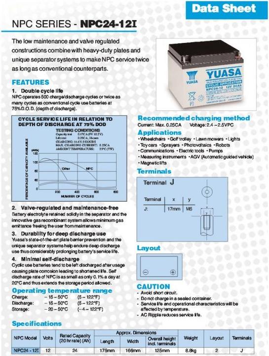 Actual product image Yuasa NPC24-12I Blei Akku Zyklenfest 12 Volt, 24Ah (12 V, 24 Ah)