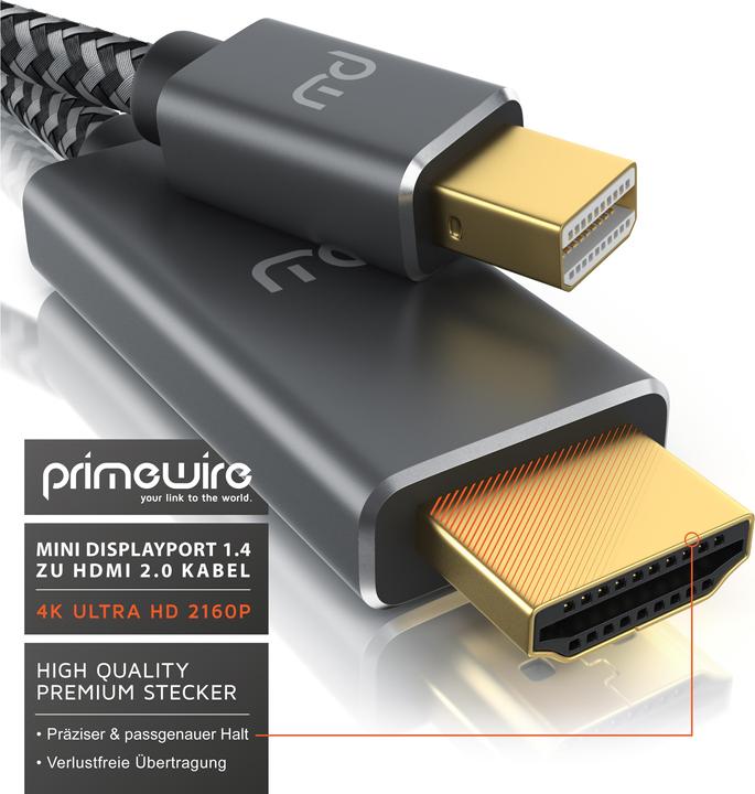 Actual product image Primewire Mini DisplayPort to HDMI Type A Cable, 4k mDP 1.4 to HDMI 2.0 Adapter, 4k@60Hz, Thunderbolt 1-2 (1 m, HDMI, Other)