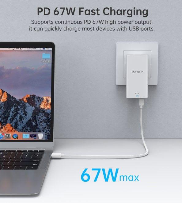 Productafbeelding Choetech USB-C en USB-A GaN snelle oplader (65 W)