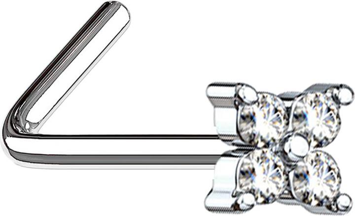 Star Piercing Nasenstecker gewinkelt silber mit vier Kristallen (Chirurgenstahl 316L, Messing)