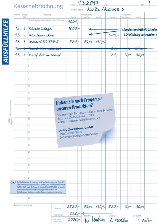 Nährwerte und Zutaten Avery Kassenabrechnung (50 x)