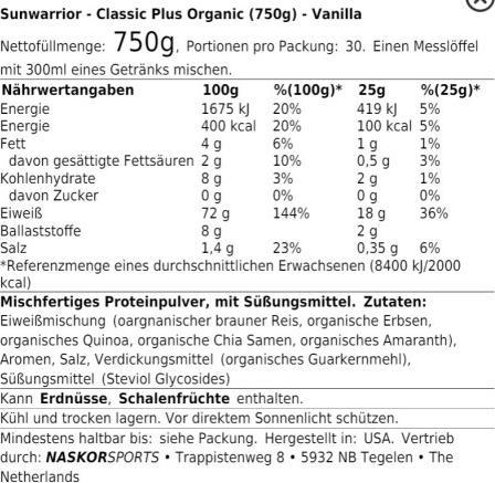 Nutritional values and ingredients Sunwarrior Protein Classic Plus (Chocolate, Vanilla, 1 pcs., 750 g)