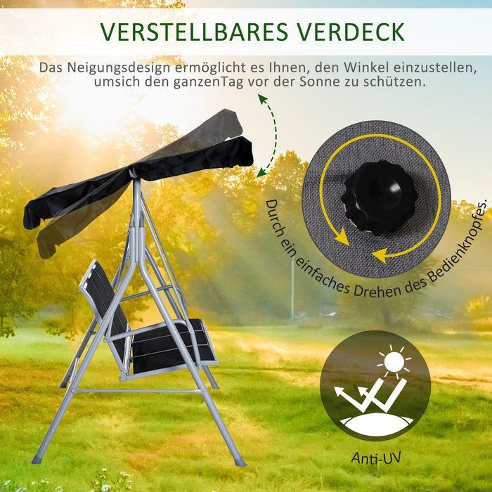 Produktbild Swisshandel24 Hollywoodschaukel 3-Sitzer Gartenschaukel Schaukelbank mit Dach Metall Schwarz+Silber 171 x 108 x 15