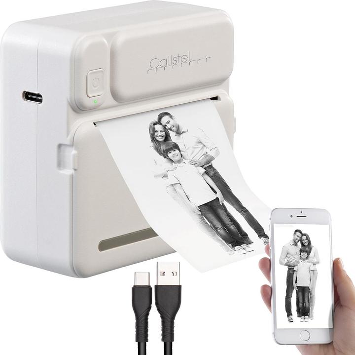 Image du produit Callstel Mini imprimante photo/d'étiquettes thermique mobile sur batterie, App, 200 dpi, BT 5.1 (Noir et blanc)