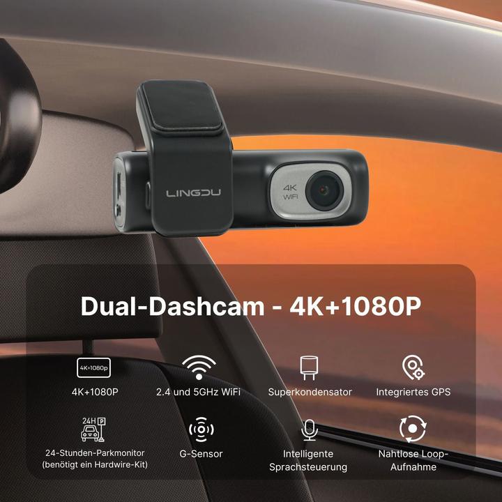 Produktbild Hermex 4K WiFi Dual-Dashcam Autofront-Kamera Onboard-Kamera Auto-Überwachung (Eingebautes Mikrofon, Eingebaute Anzeige, Akku, Eingebautes Display, GPS-Empfänger, WLAN, 4K)