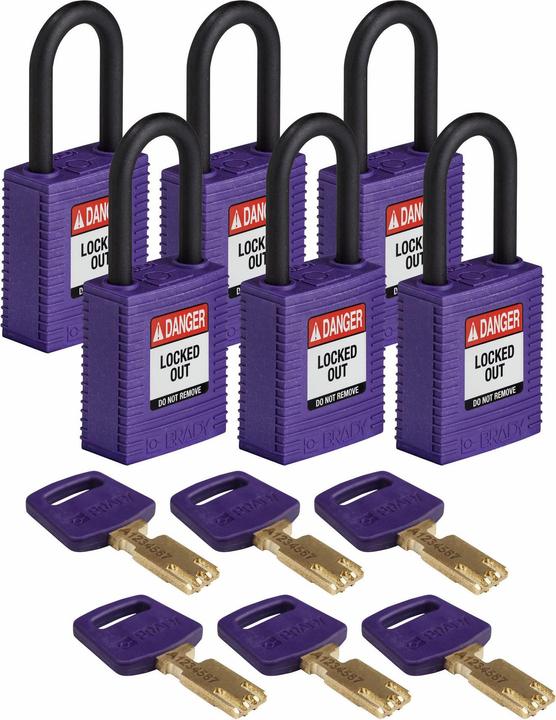 Actual product image Brady Safekey nylon safety lock with nylon shackle, purple, 38 mm shackle height, 6.4 mm shackle diameter
