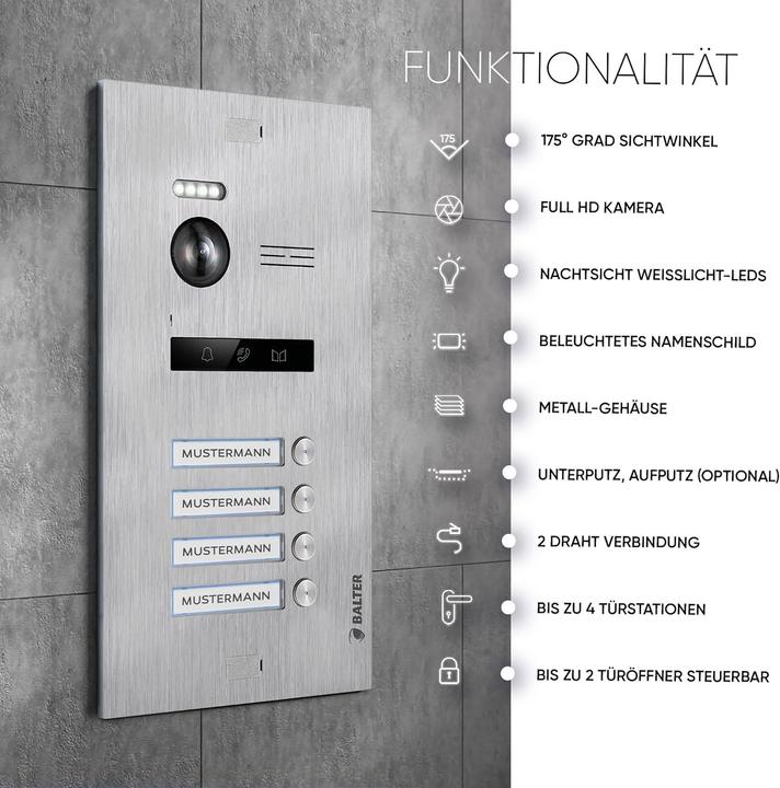 Produktbild Balter EVO-HD Video Türsprechanlage mit App-Steuerung für 4 Familienhaus (Kabelgebunden, App)