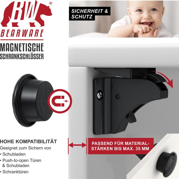 Produktbild Bearware Kindersicherung Magnetisches Schrankschloss 10er, 2 Schlüssel, kindersicher, für Schrank & Schublade