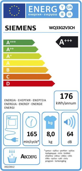 Energy Label Siemens WQ33G2V3CH 8kg Wärmepumpentrockner A+++ (8 kg, Right)