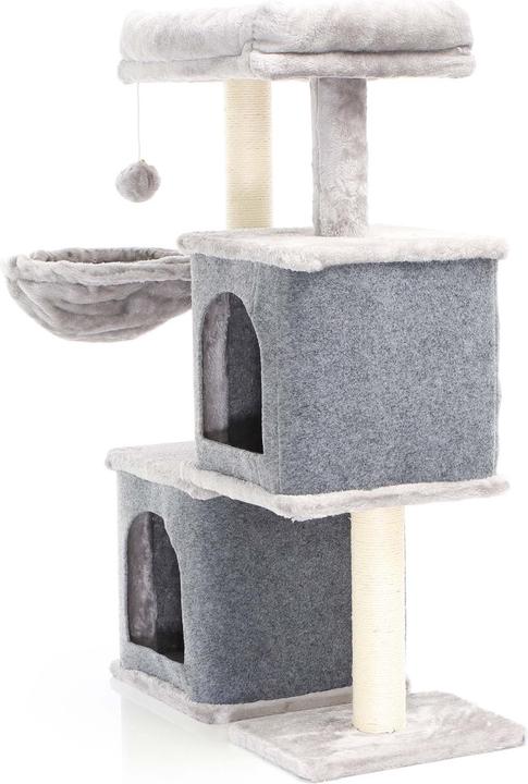 Actual product image Fudajo Cat Tree Grey with Sisal 89.5cm Scratching Post with 2 Caves Scratch Tree with 2 Cat Houses (89.50 cm, Grey)