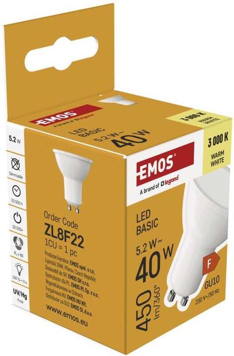 Produktbild Emos LED Lampe Basic MR16 / GU10 / 5,2 W (40 W) / 450 lm / Warmweiss (GU10, 5.20 W, 450 lm, 1 x, F)