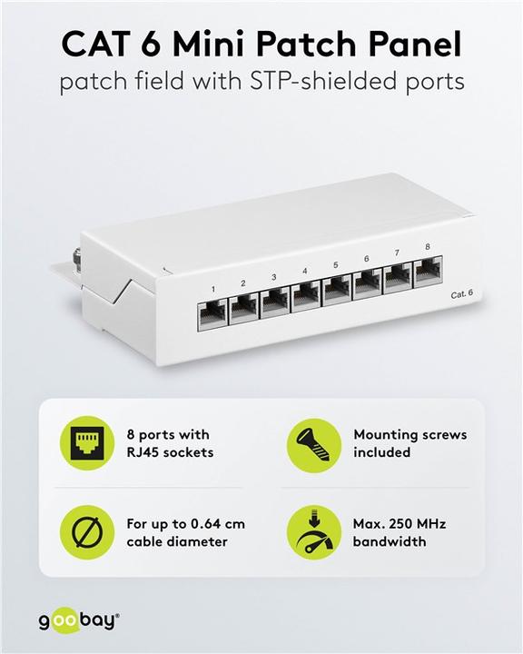 Produktbild Goobay CAT 6 Mini/Desktop Patch Panel, 8 Port, Weiss