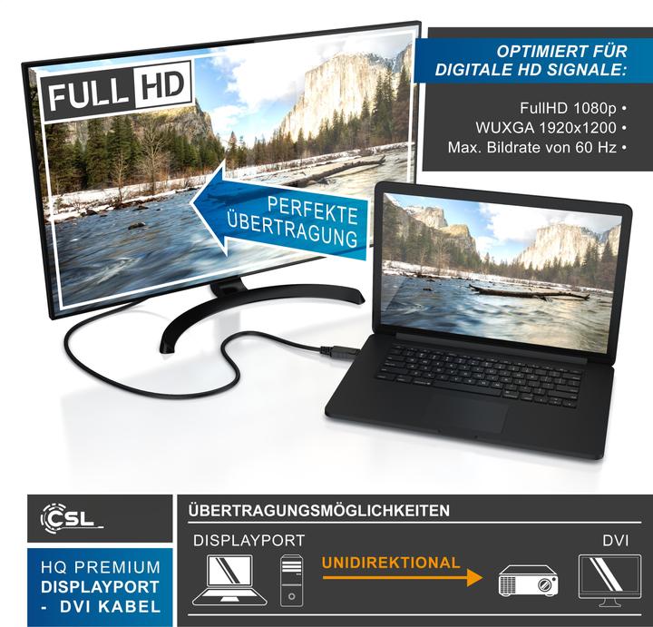 Actual product image CSL DisplayPort video cable, 20 pins, DVI-D, monitor cable, HDCP and EDID certified, FHD resolution (1 m, DisplayPort, DVI)
