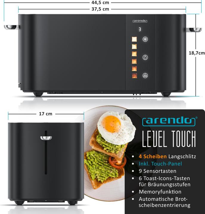 Produktbild Arendo Toaster Edelstahl 4 Scheiben Langschlitz, Restzeit & Bräunungsgradanzeige, Touch Display, 1500 W (EU-Stecker)
