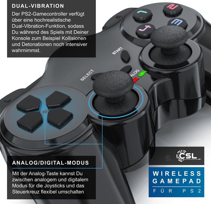Produktbild CSL PlayStation Controller, Wireless PS2 Gamepad, 2,4 GHz Funk Adapter mit Dual Vibration (PS2)