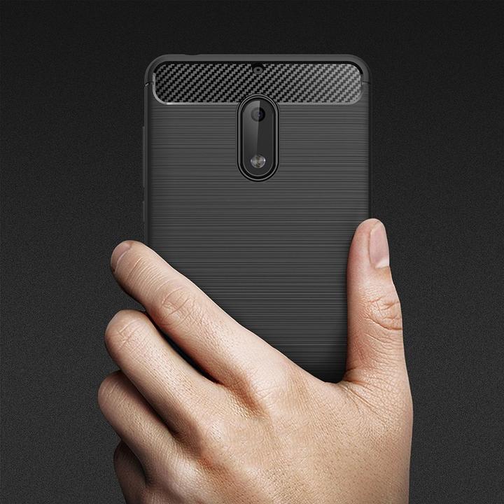 Actual product image König Design Nokia 6 TPU Mobile Case Carbon Fiber Optic Brushed Protective Cover Frame Black (Nokia 6)