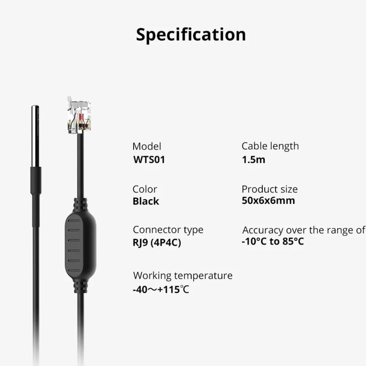 Actual product image Sonoff WTS01 Temperature sensor Waterproof RJ9 1.5m