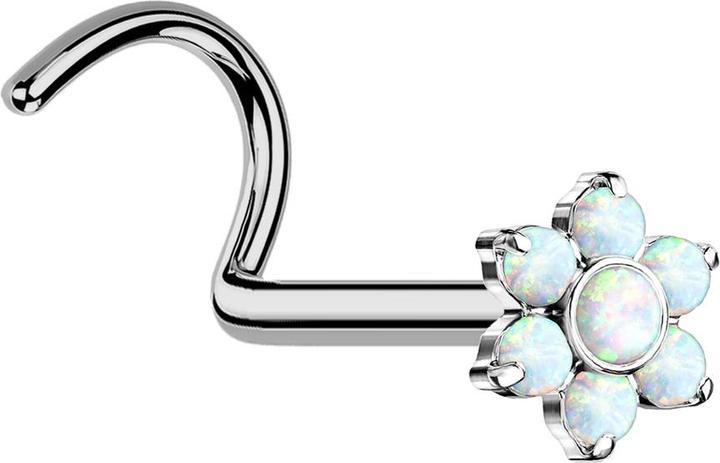 Actual product image Star Piercing Threadless Nasenstecker gebogen silber Blume Opale weiss (without brass, Titanium G23)