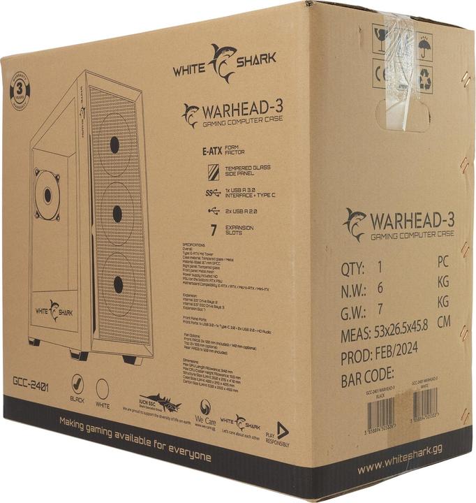 Actual product image White Shark Shark GCC-2401 Warhead-3 Black 4 Fans 12cm RGB (ITX, ATX, E-ATX)