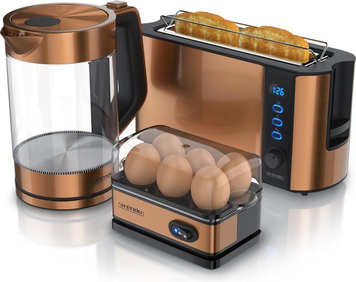 Arendo Frühstücks Set, Glas Wasserkocher 1,7l 2200W, 2-Scheiben Toaster & Eierkocher für 6 Eier, Kupfer (1.70 l)