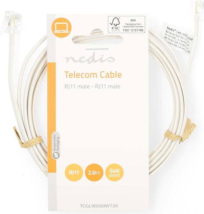 Produktbild Nedis Telefonkabel | RJ11 Stecker | RJ11 Stecker | 2.00 m | Kabeldesign: Flach | Beschichtung: Vergo