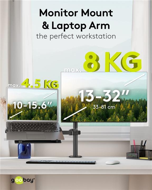 Produktbild Goobay Monitorhalterung mit Laptop-Arm Flex, schwarz (Tisch, 31.89")