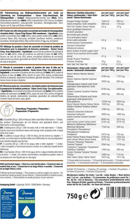 Nährwerte und Zutaten Foodspring Whey Protein (Kokos, 1 Stk., 750 g)