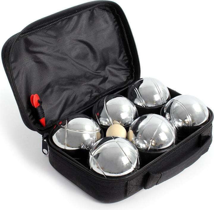 Immagine prodotto Toboli Set 6 palle da bocce in metallo con cricchetto e misuratore di distanza, bocce, gioco per tutta la (6 x, 73 mm)