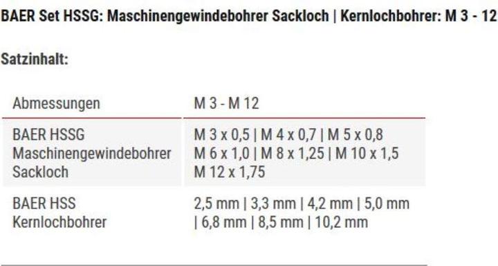 Nährwerte und Zutaten Baercoil Gewindeschneider-Set HSSG