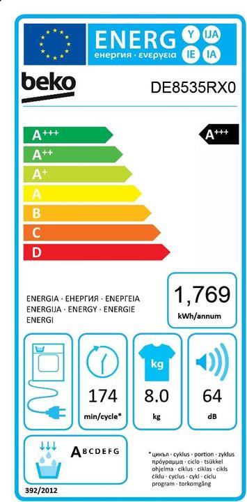 Energie-Label Beko DE8535RX0 (8 kg, Rechts, Wechselbar)