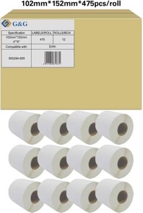 Rotolo di etichette 102 x 152 mm Carta Bianca 12 Rotoli Permanenti RL-P-P1011-102*152*475-BK/WT