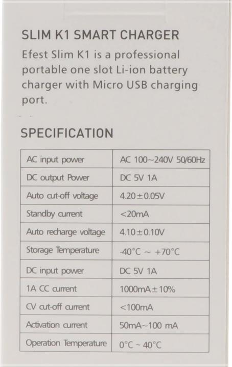 Image du produit Efest K1 Slim Battery Charger (1 pcs, Batterie)