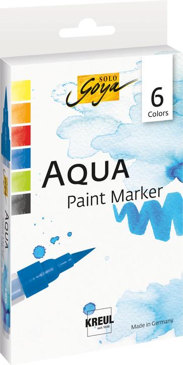 Actual product image SOLO GOYA Aqua Paint Marker Classic Colors Set of 6 (Black, Orange, Yellow green, Crimson, Cobalt blue, Lemon, 6 x)