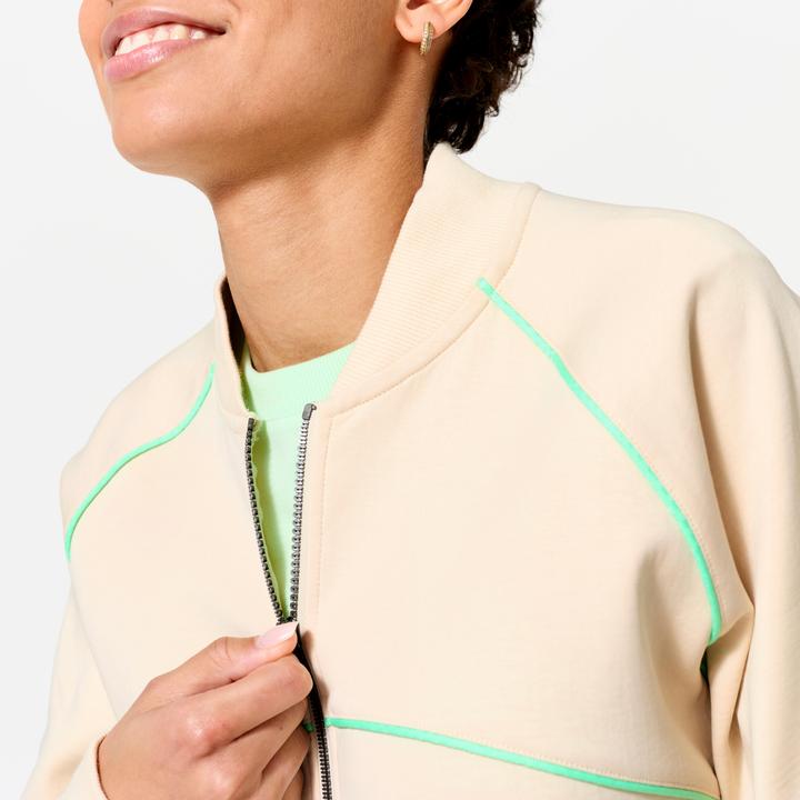 Image du produit Domyos Veste bombers zipée femme, beige avec piping vert. (XL)