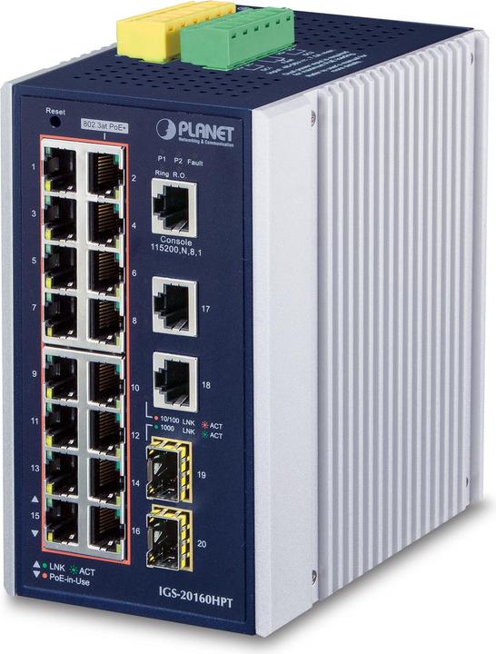 Produktbild Planet Industrial 16-Port 10/100/1000T PoE Switch 2-Port Gigabit Uplink + 2-Port Gigabit SFP Uplink managed (16 Ports)