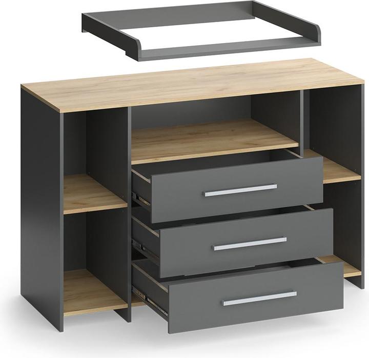 Actual product image Vichy Wickelkommode Oskar, Anthrazit/Goldkraft Eiche, 143.2 x 93 cm mit 3 Schubladen