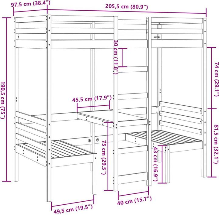 Produktbild VidaXL Hochbett mit Schreibtisch & Stühlen (90 x 200 cm)