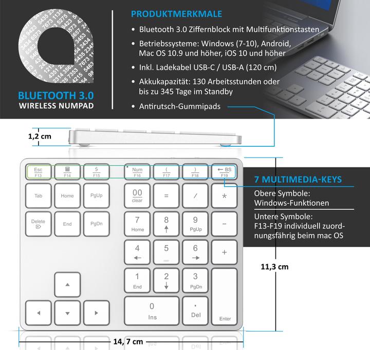 Produktbild Aplic Bluetooth Numpad, Wireless Ziffernblock mit Multifunktionstasten, Aluminium Keypad, 35 Tasten, BT3.0 (DE, Kabellos)