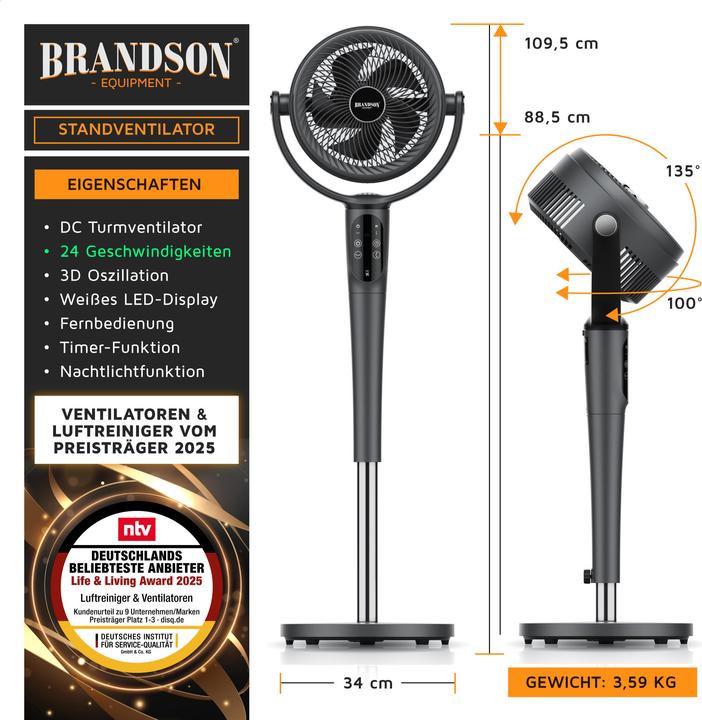 Produktbild Brandson Standventilator, Fernbedienung, leise, DC, 3D Oszillation, 21.5 cm Ø, Nachtlicht, Timer, 24 Stufen (57 dB)