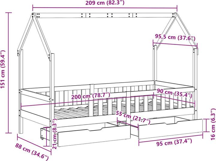 Nährwerte und Zutaten VidaXL Kinderbett mit Schubladen (90 x 200 cm)