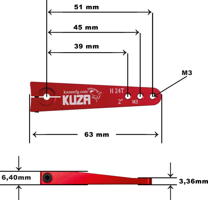 Actual product image Kuza servo lever 1-arm hitec 24t 51/45/39mm 2" m3 heavy duty v2 aluminium