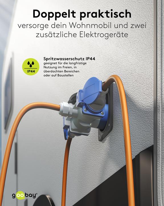 Produktbild Goobay CEE-Adapterleitung, CEE-Stecker auf 1x CEE-Kupplung und 2x Schutzkontakt-Kupplung, 1,5 m (CEE 7/7)