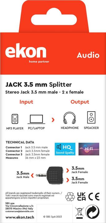 Actual product image Ekon 3.5 mm 1 male - 2 female splitter jack (Audio Splitter)