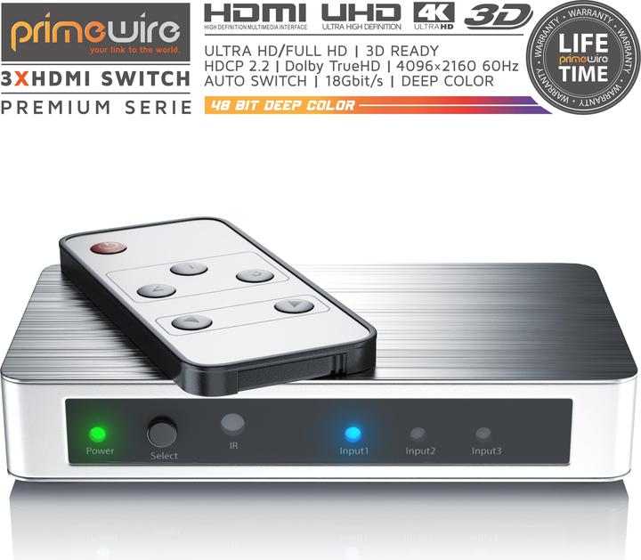 Actual product image Primewire HDMI Switch 4k UHD, 3 Port, Distributor with remote control & power supply unit