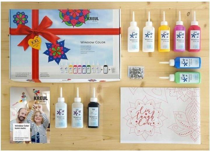 Produktbild Kreul Window Color XXL (Royalblau, Rubinrot, Schneeweiss, Rehbraun, Goldgelb, Pink, Glitzer-Gold, Schwarz, Mairün, Glitzer-Silber, 800 ml)
