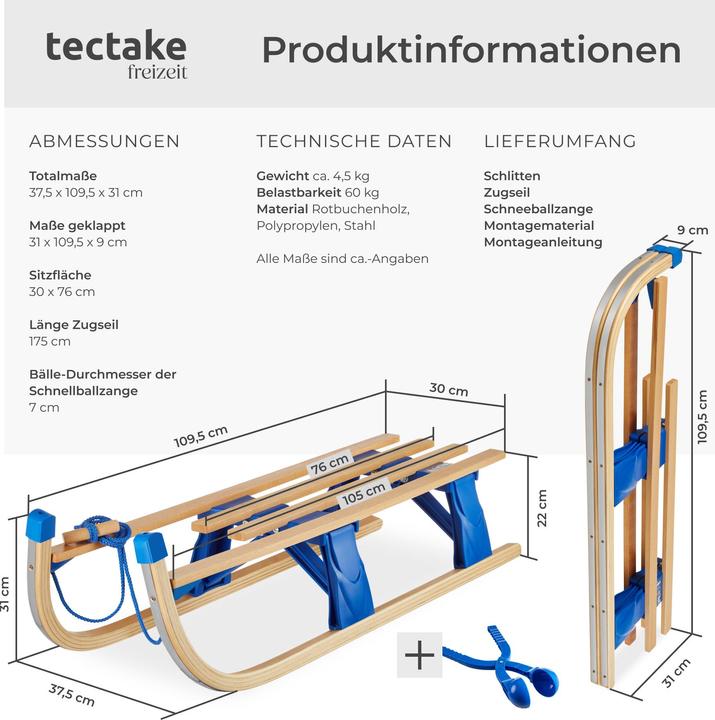 Produktbild tectake Holzschlitten Jeffrey, klappbar mit Zugseil, Schneeballzange