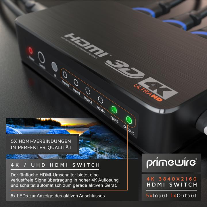 Produktbild Primewire HDMI 2.0 Switch, 5-Port Ultra HD 4K HDMI Umschalter mit Fernbedienung, 5x IN/1x OUT Verteiler